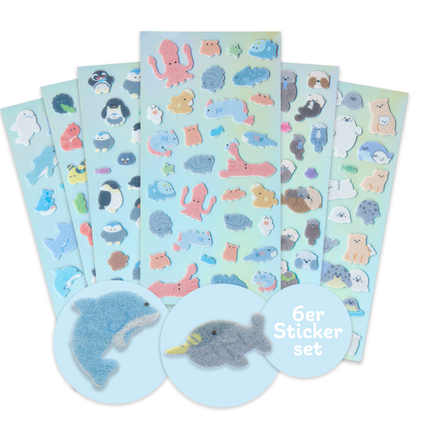 6x Meerestiere Stickerbögen: Delfin, Narwal, Robbe, Pinguin uvm. | weich, selbstklebend | ideal für Basteln, Scrapbooking & Dekoration