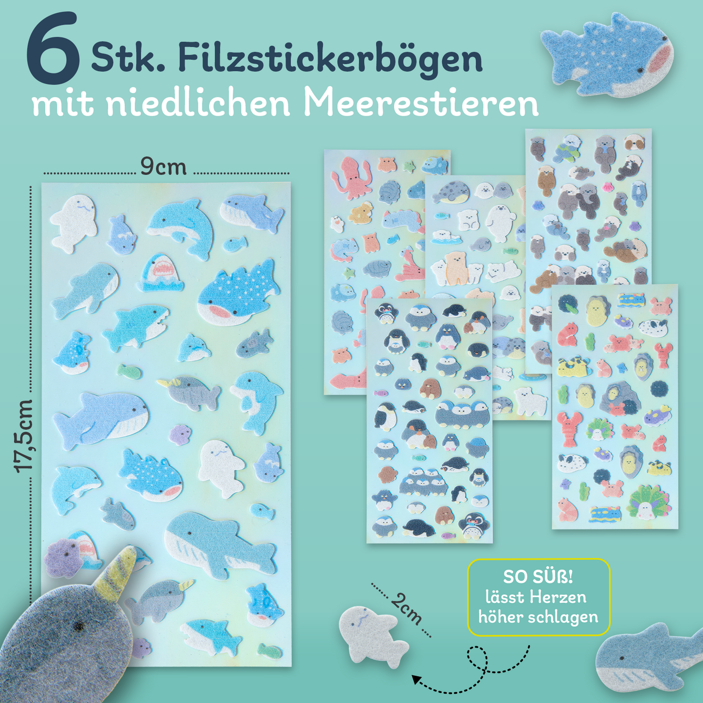 6x Meerestiere Stickerbögen: Delfin, Narwal, Robbe, Pinguin uvm. | weich, selbstklebend | ideal für Basteln, Scrapbooking & Dekoration